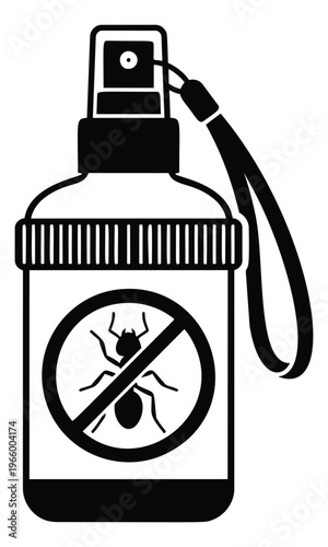 Bold silhouette illustration of insect repellent spray bottle depicting ant prohibition symbol for pest control design