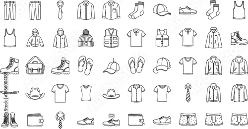 Comprehensive men's fashion and clothing line icon set featuring 60 symbols for masculine apparel footwear and grooming accessories