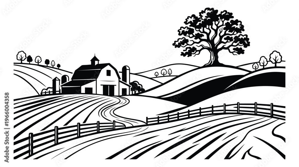 Fototapeta premium Woodcut illustration of a rural farm landscape depicting rolling hills barn fence and tree for agriculture design