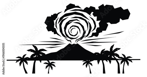Silhouette illustration of volcanic eruption depicting explosion with tropical palm trees for nature and disaster design