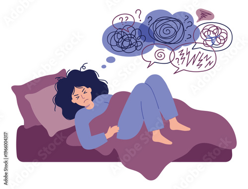 Flat illustration of anxious woman lying in bed depicting racing thoughts and insomnia for mental health design
