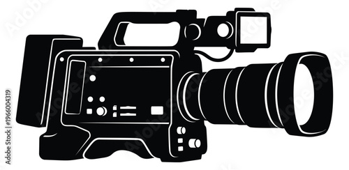 Silhouette illustration of a professional video camera depicting broadcast filming equipment for media and production design