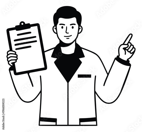 Line art illustration of a male doctor depicting pointing gesture while holding clipboard for medical and healthcare design