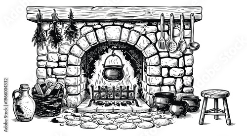 Sketch illustration of a rustic stone fireplace depicting open hearth cooking with cauldron and kitchen utensils for medieval and historical design