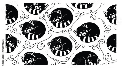 Cartoon seamless pattern of sleeping red pandas featuring curled animals and decorative swirls for textile and stationery design