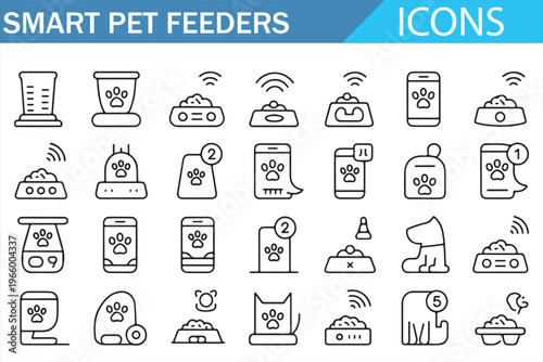 Pet feeding system line icons collection with smart feeder and animal care devices
