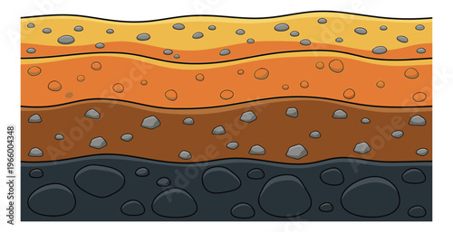 Cartoon illustration of layered soil cross section depicting geological strata with rocks and sediment for science and education design
