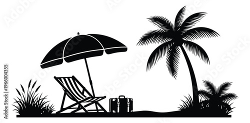 Silhouette illustration of tropical beach scene depicting palm tree lounge chair and umbrella for summer travel design