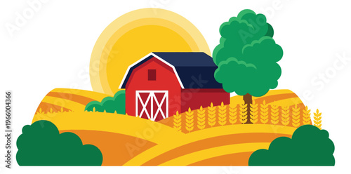 Flat illustration of a rural farm scene depicting a red barn with wheat fields and rolling hills for agriculture design