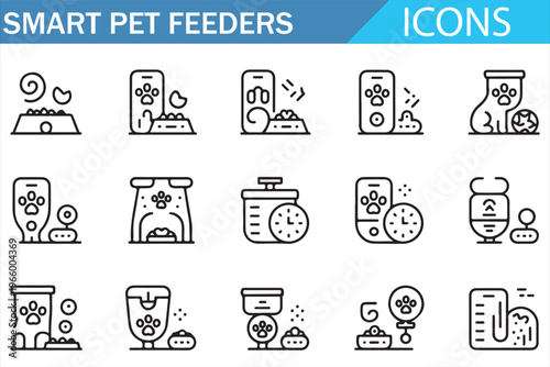 Smart pet feeder icons set with automatic food dispenser and pet care technology symbols