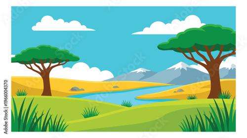 Flat illustration of African savanna landscape depicting a river valley with acacia trees and snow capped mountains for nature and travel design