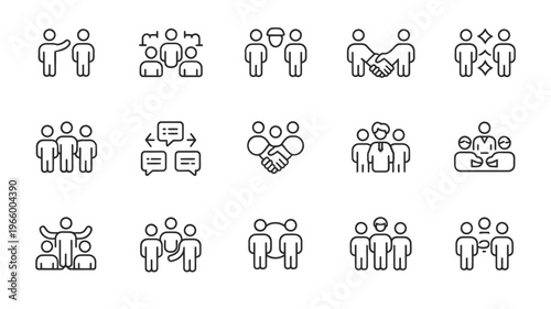 A collection of line art icons depicting various group dynamics and social interactions between people