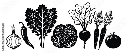 Woodcut icon set of 8 garden vegetables featuring onion, chili, kale, cabbage, beet, carrots and tomato for food design