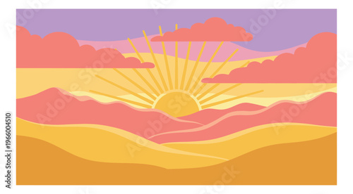 Flat illustration of a desert sunset landscape depicting rolling dunes and sunburst with clouds for travel and nature design