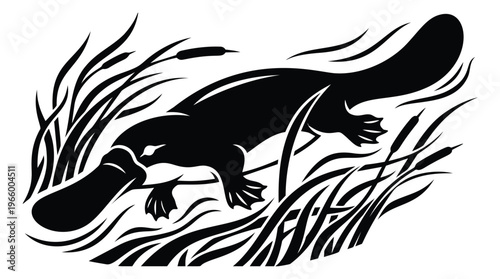 Silhouette illustration of a platypus depicting swimming through reeds for wildlife and nature design