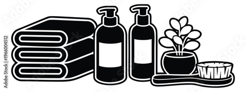 Silhouette illustration of bathroom essentials depicting towels, soap dispensers, plant and toothbrush for spa and hygiene design