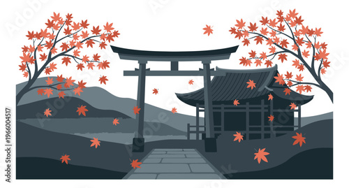 Flat illustration of Japanese torii gate and shrine depicting autumn maple leaves falling for travel and culture design