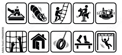 Silhouette icon set of 10 playground equipment symbols featuring sandbox, slide, ladder, spring rider, merry go round, climbing net, swing, seesaw and monkey bars for children activity design