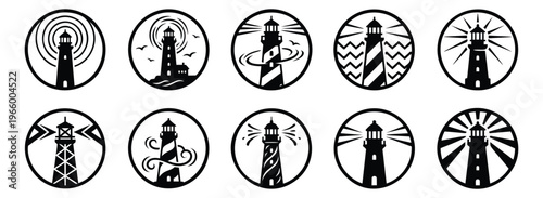 Outline icon set of 10 lighthouse designs featuring nautical towers, beacon rays and coastal themes for maritime design