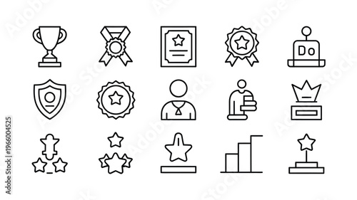 A collection of black line art icons representing achievement awards and recognition symbols high quality professional