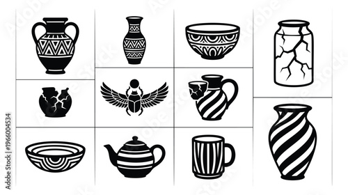 Flat icon set of 11 ancient pottery symbols featuring vases, bowls, jars and scarab beetle for archaeology and history design