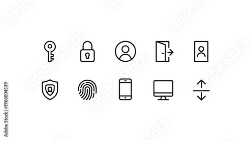 A collection of minimalist black line icons representing security access and user authentication high quality professional