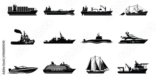 Silhouette icon set of 12 watercraft featuring cargo ship, tugboat, submarine, sailboat, cruise ship and speedboat for maritime design