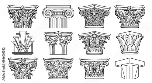 Engraving icon set of 12 architectural column capitals featuring Corinthian, Ionic, Gothic and Art Deco orders for classical design