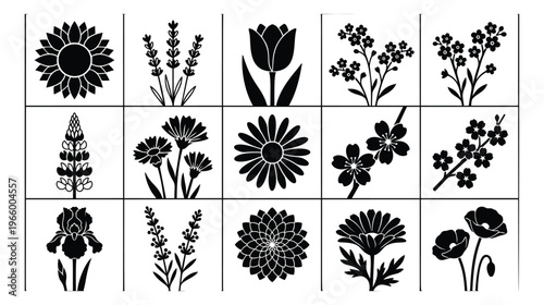 Silhouette icon set of 15 garden flowers featuring sunflower, tulip, daisy, iris, poppy and wildflowers for botanical design