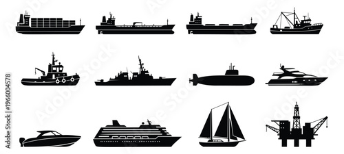 Silhouette icon set of 12 watercraft and marine vessels featuring cargo ship, submarine, yacht, sailboat, tugboat, warship and oil rig for nautical design