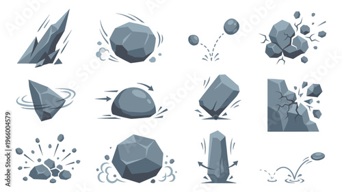 Cartoon icon set of 12 falling and rolling rocks depicting motion impact and explosion effects for game and animation design