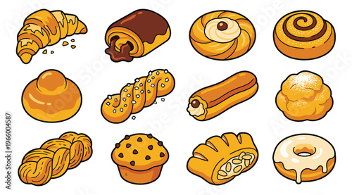 Cartoon icon set of 12 bakery pastries featuring croissant, eclair, muffin, donut, cinnamon roll and braided bread for food design