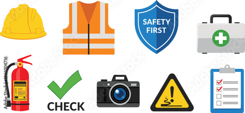 Workplace Safety and Emergency Equipment Icons Set Featuring Hard Hat, Fire Extinguisher, First Aid Kit, Safety Check, and Warning Signs