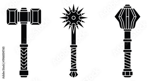 Silhouette icon set of 3 medieval weapons featuring war hammer, morning star and flanged mace for fantasy game design
