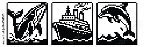 Pixel art icon set of 3 ocean creatures and vessels featuring whale, steamship and dolphin for retro nautical design