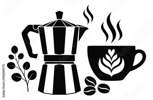 Flat silhouette illustration of moka pot and latte cup depicting coffee brewing scene with beans and botanical branch for cafe design
