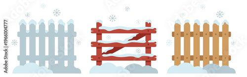 Flat icon set of 3 winter fences featuring snow covered wooden picket and rail designs for seasonal decoration