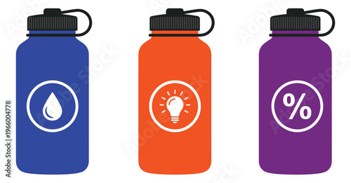 Flat icon set of 3 insulated water bottles featuring water drop, light bulb and percent symbols for lifestyle and retail design