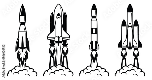 Bold outline icon set of 4 featuring rockets and space shuttles launching with smoke clouds for space and startup design