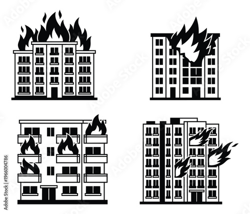 Flat icon set of 4 burning buildings featuring apartment fires with flames for emergency and disaster design