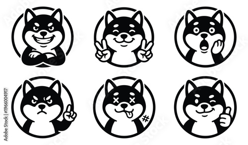 Cartoon icon set of 6 Shiba Inu dog characters featuring expressive emotions and gestures for sticker and mascot design