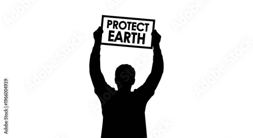 Environmental activist silhouette holding protect earth sign. Climate change protestor vector illustration. Ecology demonstration poster graphic.