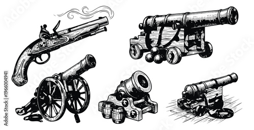 Engraving icon set of 5 antique weapons featuring flintlock pistol and artillery cannons for historical design