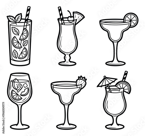 Outline icon set of 6 cocktail glasses featuring mojito, margarita, pina colada and tropical drinks for bar menu design
