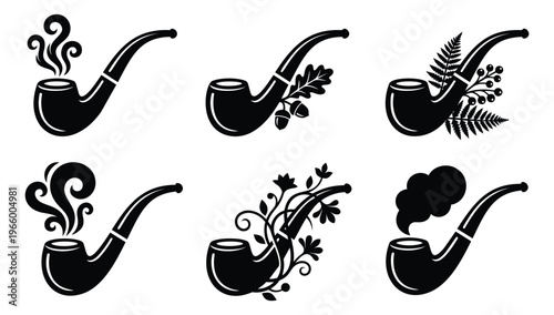 Silhouette icon set of 6 smoking pipes featuring smoke, floral and botanical decorations for vintage and retro design