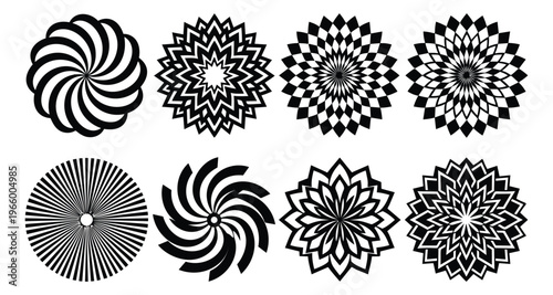 Flat icon set of 8 geometric rosette mandalas featuring radial symmetry spiral and floral patterns for decorative design