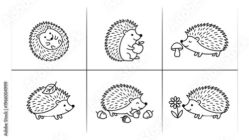 Outline icon set of 6 hedgehogs featuring autumn elements like mushroom, acorns, leaf and flower for children design