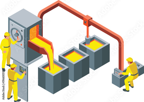 Isometric industrial metal casting process with molten steel pouring into molds automated foundry workers operating machinery and production line
