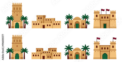 Flat icon set of 8 arabic buildings featuring desert architecture with palm trees and fortress towers for cultural design