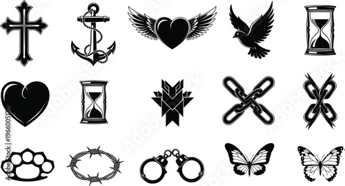 Black Vector Tattoo Icon Set Featuring Cross Anchor Heart with Wings Dove Hourglass Chains Barbed Wire Handcuffs Brass Knuckles and Butterfly